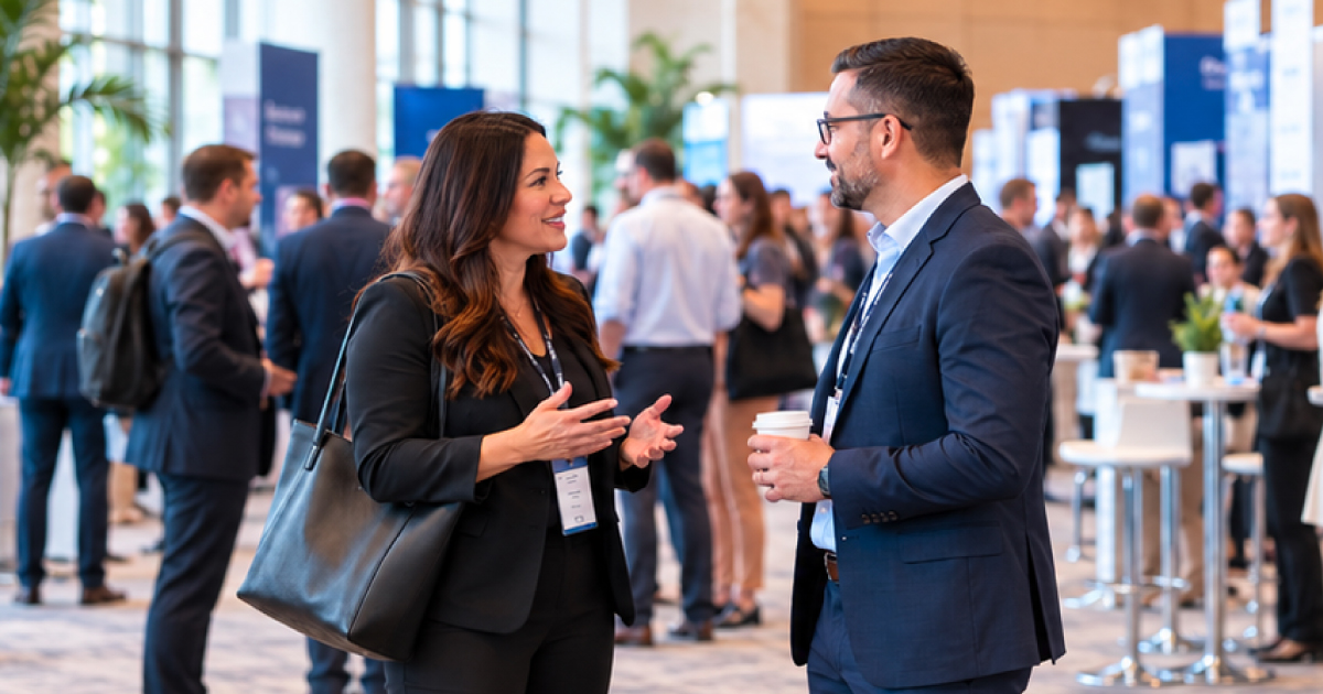 Two professionals wearing conference badges talk on a busy trade show floor, one gesturing as she speaks while the other listens holding a coffee.